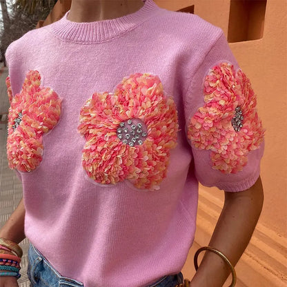 Flower Knitted Half Sleeve O-Neck Sweaters