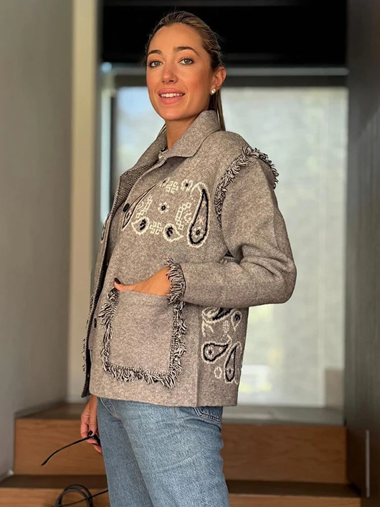 2025 Spring Womens Personalized Graffiti Print Lapel Cardigan Shirt Lantern Sleeve Trendy Top