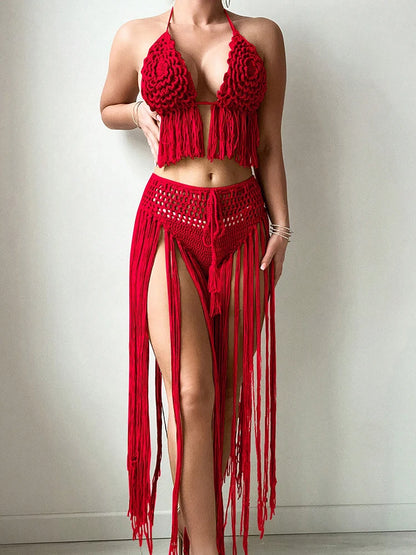 Vintage Traditional Embroidery High Waist Bikini Set And Cover Up