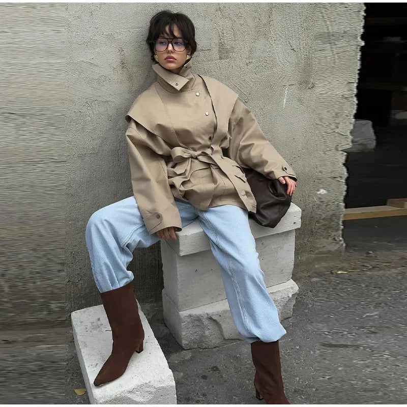 Cotton Khaki Long Turn Down Collar Belted Women Trench Coat