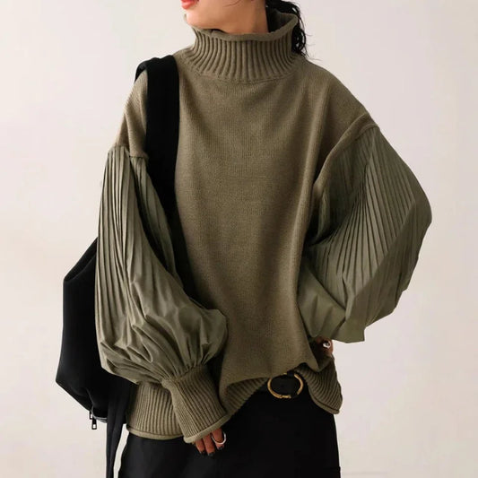 Lantern Sleeve Autumn Knitted Pullover Sweater For Women Patchwork Turtleneck Pleated Lazy Oaf Loose Top Jacket