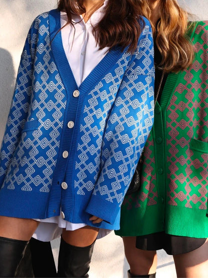 Geometric Jacquard V-Neck Knit Cardigan – Oversized 2025 Autumn/Winter