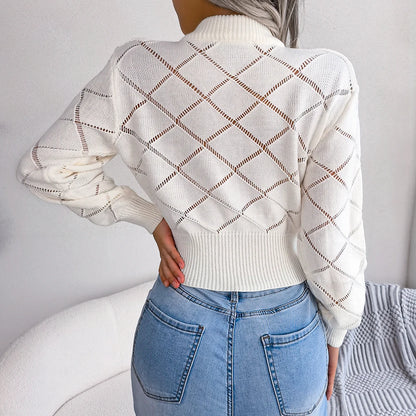 2025 Womens Hollow Out Knit Pullover Loose O Neck Short Sleeve Sweater Lace Up Solid Knitwear For Autumn