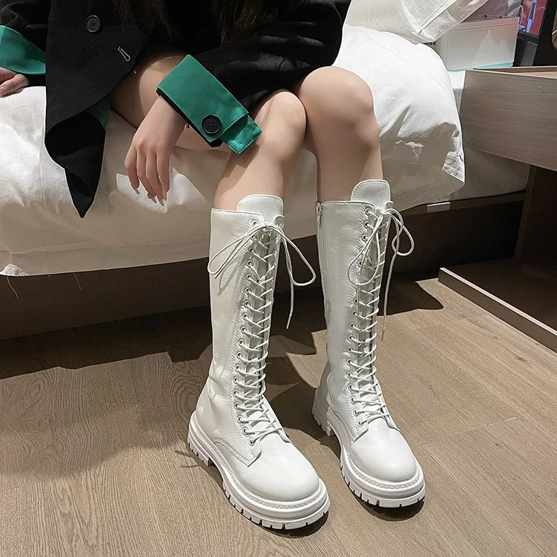 Women’s Knee-High Platform Boots 2025 – Korean Style PU Leather Fleeced Chunky Heel Winter Boots