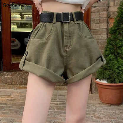 Casual Outing: High-Waisted Khaki Green Denim Shorts
