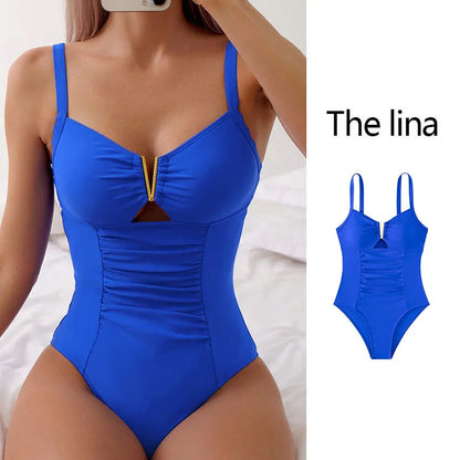 2025 Sexy One Piece Swimsuit Womens Blue Pleated V Neck Bathing Suit With Decorative Waistband Beachwear Swimwear