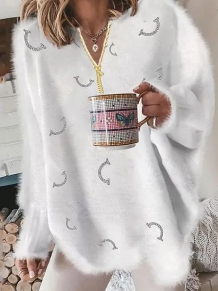 Cozy White Star Print Fuzzy Sweater Aesthetic