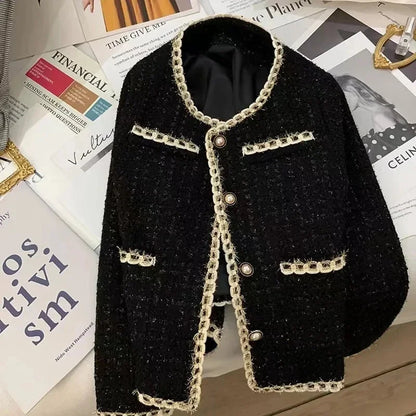 Round Neck Tweed Jacket for Effortless Elegant Office Chic Street Style