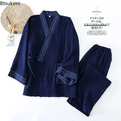 2025 Women S Kimono Pajama Set 100 Cotton Crepe Long Sleeve Top Trousers Soft Sleepwear Suit For Home