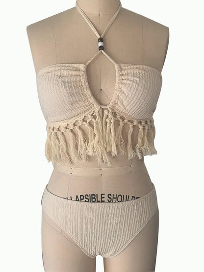2025 3 Piece Bikini Set With Tassel Skirt High Waist Swimsuit For Women Beachwear