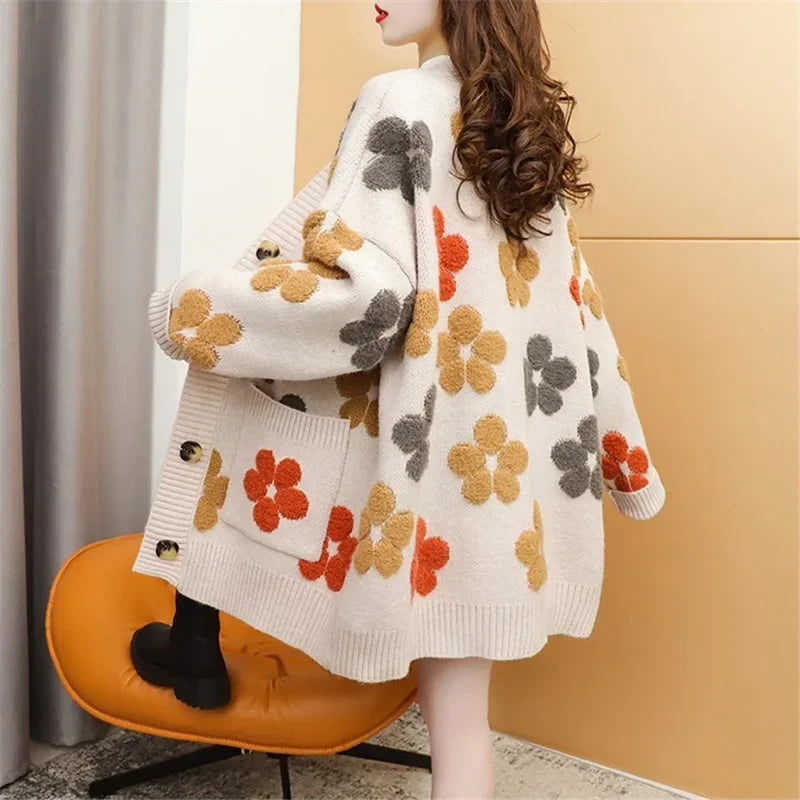 Vintage Long Sleeve Printed Cardigan V Neck Button Up Floral Sweater With Pockets Spring Autumn Casual Women S Clothing