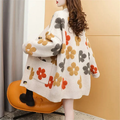 Vintage Long Sleeve Printed Cardigan V Neck Button Up Floral Sweater With Pockets Spring Autumn Casual Women S Clothing