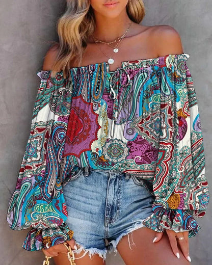 Off Shoulders Sleeveless Abstract Printed Women Blouse