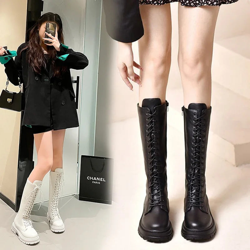 Women’s Knee-High Platform Boots 2025 – Korean Style PU Leather Fleeced Chunky Heel Winter Boots
