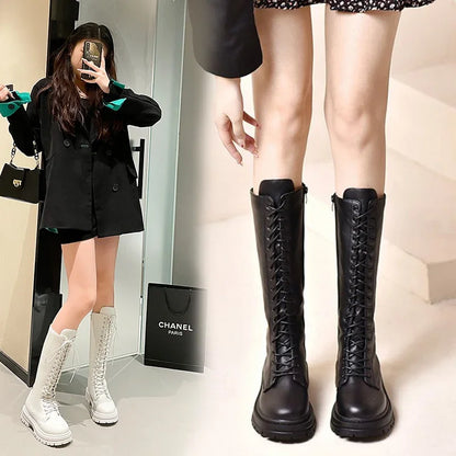 Women’s Knee-High Platform Boots 2025 – Korean Style PU Leather Fleeced Chunky Heel Winter Boots