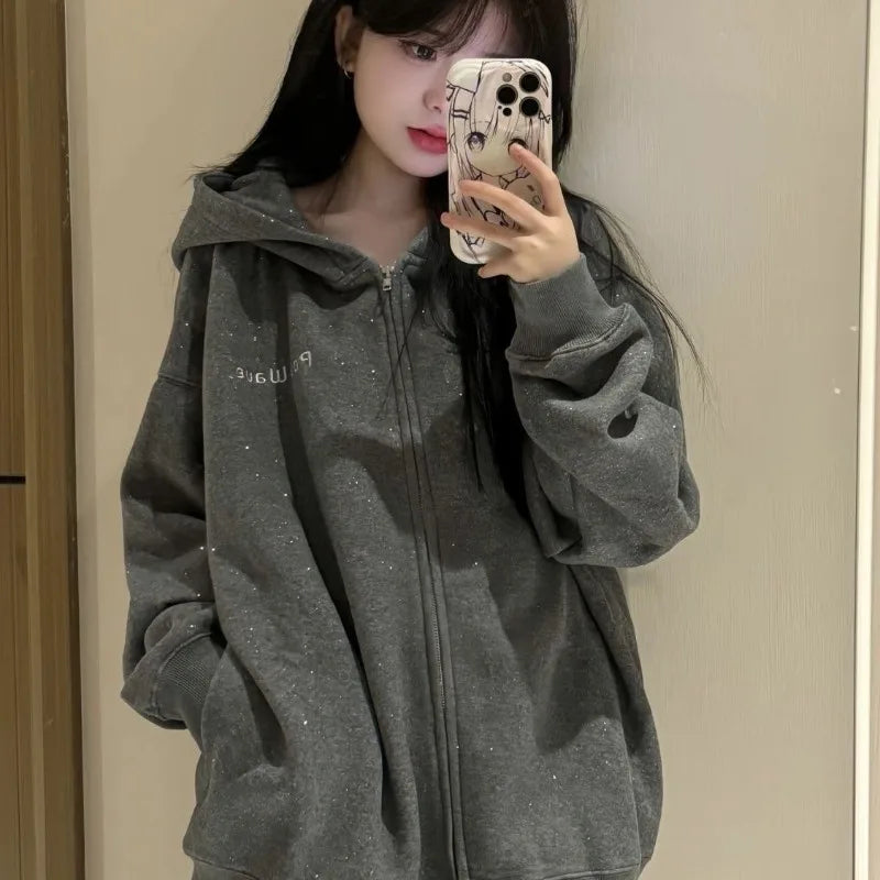 Korean Style Zipper High Quality Hooded Sweatshirts For Women