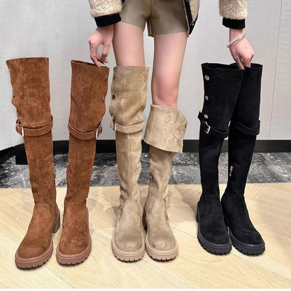 2025 Over-the-Knee Cowboy Boots for Women | Designer Winter Platform Shoes, Fur Suede Wedges, Thigh-High Motorcycle Boots