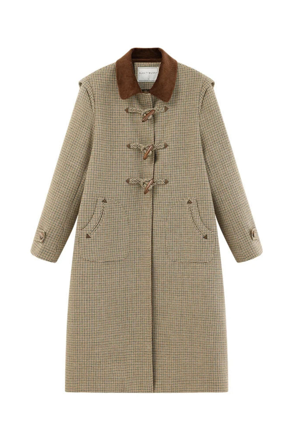 Houndstooth patterned coat with brown collar on a white background