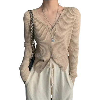 New Spring Autumn Solid Cardigan Sweater For Women V Neck Long Sleeve Single Breasted Short Coat Knit Clothing