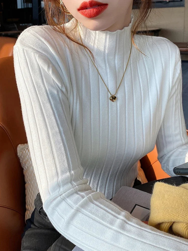 2025 High Neck Ribbed Knitted Sweater Women S Autumn Winter Slim Fit Long Sleeve Pullover Basic Casual Tops