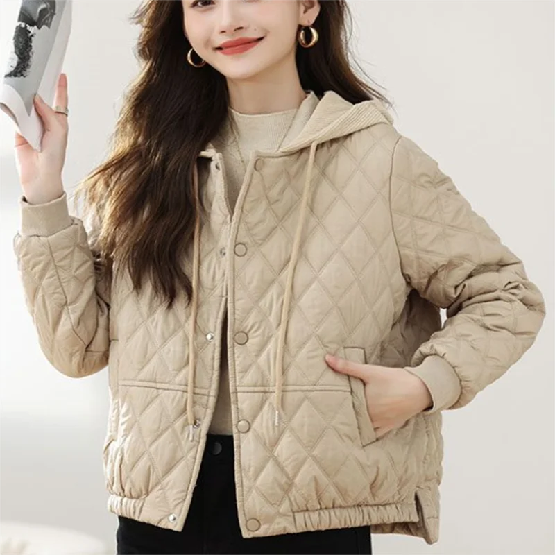 Womens Short Quilted Jacket O Neck Loose Fit Contrast Color Coat Casual Single Breasted Chic Outerwear