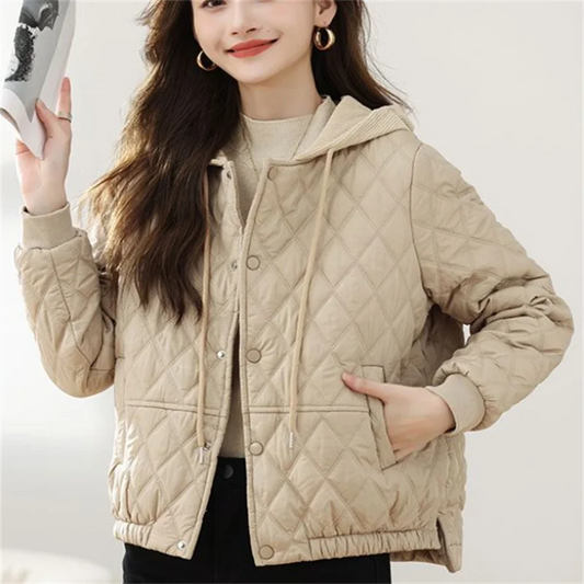 Womens Short Quilted Jacket O Neck Loose Fit Contrast Color Coat Casual Single Breasted Chic Outerwear
