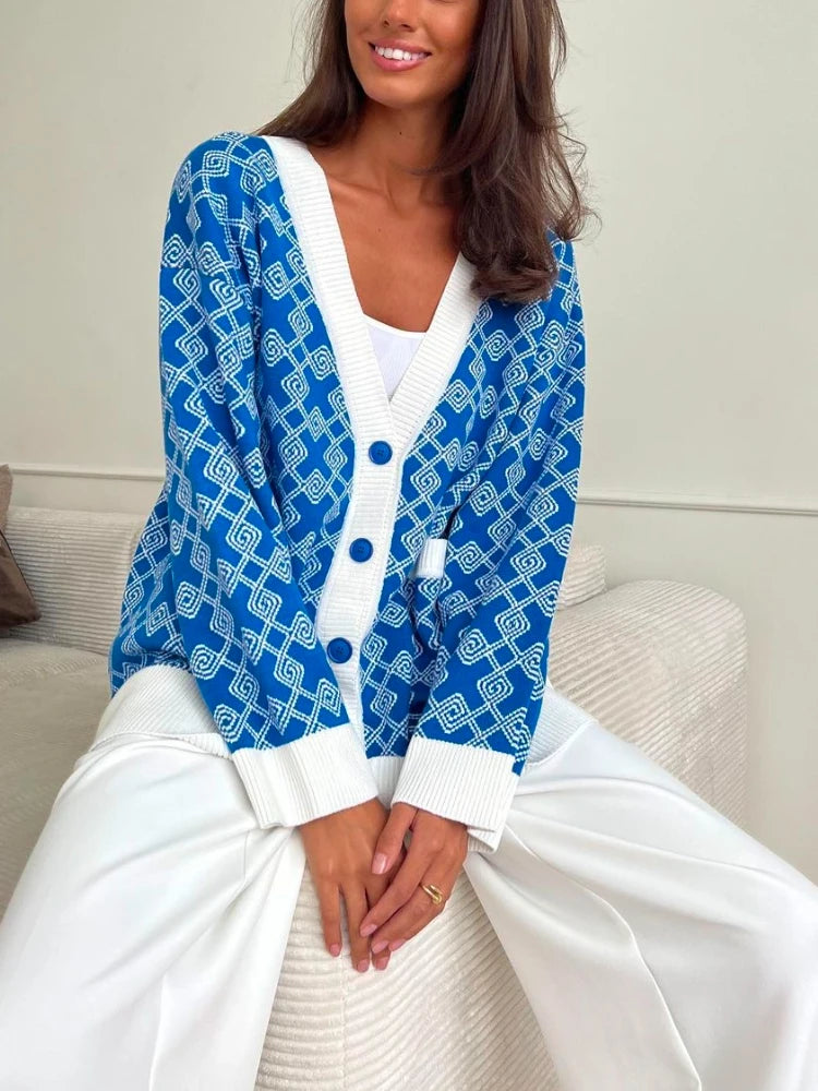 Geometric Jacquard V-Neck Knit Cardigan – Oversized 2025 Autumn/Winter