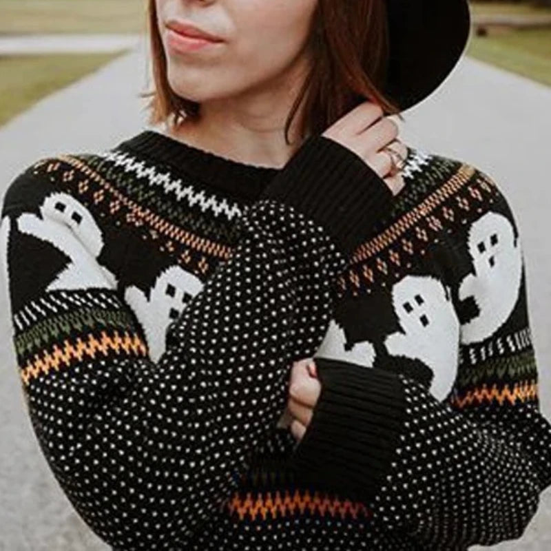 Spooky Season Vibe: Halloween Ghost Fair Isle Knit Sweater