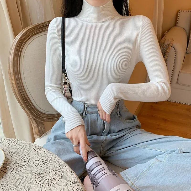 2025 Autumn Winter Women S Thick Ribbed Knitted Turtleneck Sweater Slim Fit Long Sleeve Pullover Soft Warm