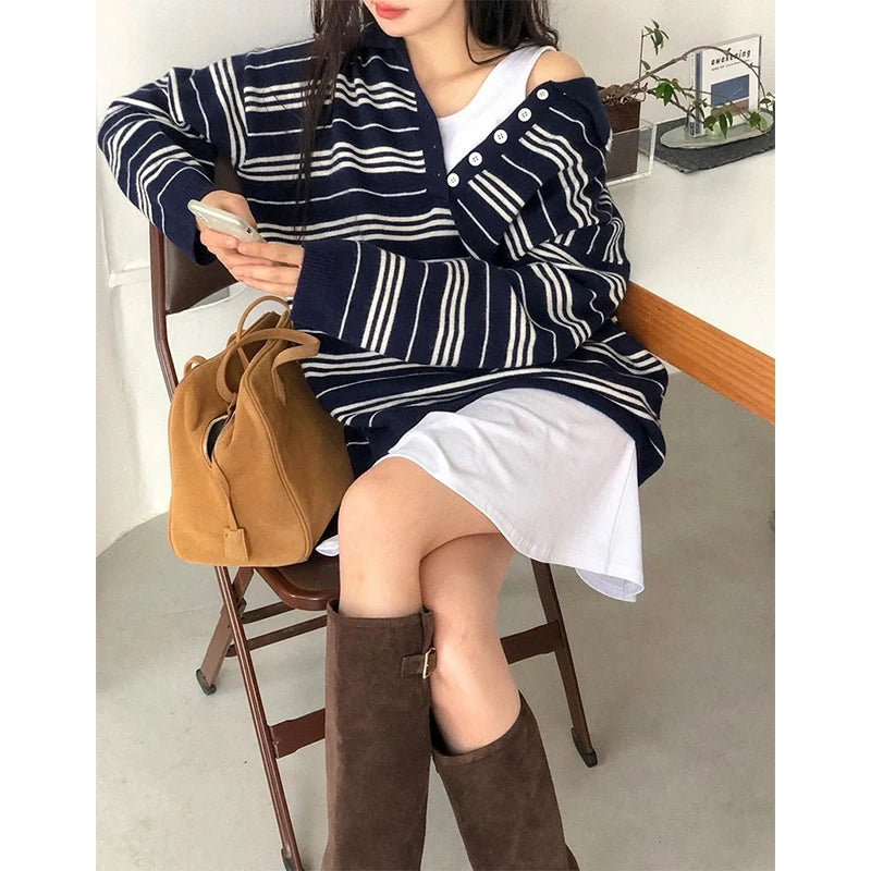 Blue White Striped Oversized Sweater Embroidered Mock Neck Cropped Jumper Harajuku Women S Pullover