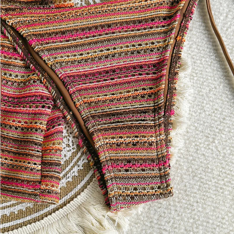 Boho Multi-Color Striped Crochet Bikini and Shorts Set Aesthetic