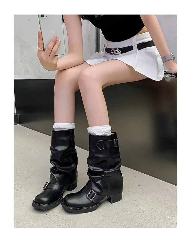Pleated Buckle Pu Leather Mid Calf Women Boots