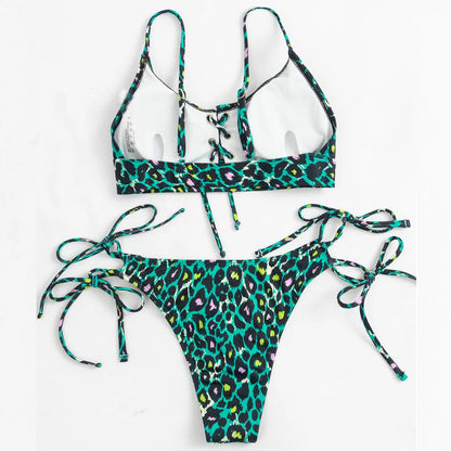 2025 Sexy Green Leopard Print Bikini Set | Women's Knotted Push-Up Swimsuit, Beach Bathing Suit Swimwear