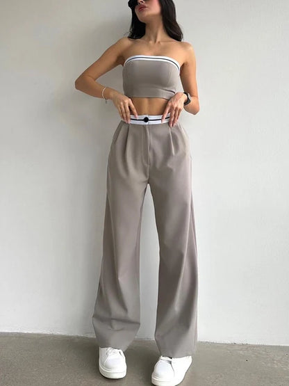 Strapless Top Wide Leg Pant Two Pieces Sexy Tracksuit Style Jumpsuits