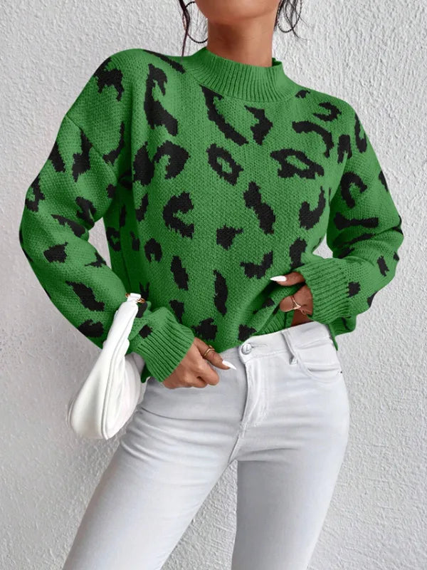 Women Half Leopard Zipper Sweaters