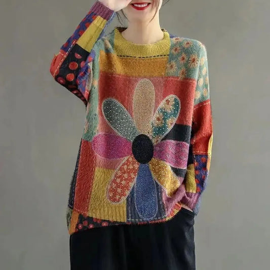 Women's Autumn Floral Sweater – Vintage Loose Fit, Elegant Oversized Jumper, Casual Pullovers for Fall Fashion