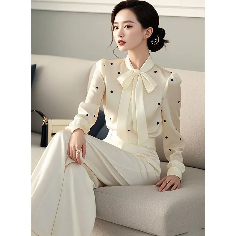 2024 V Neck Polka Dot Blouse Casual Office Wear For Women