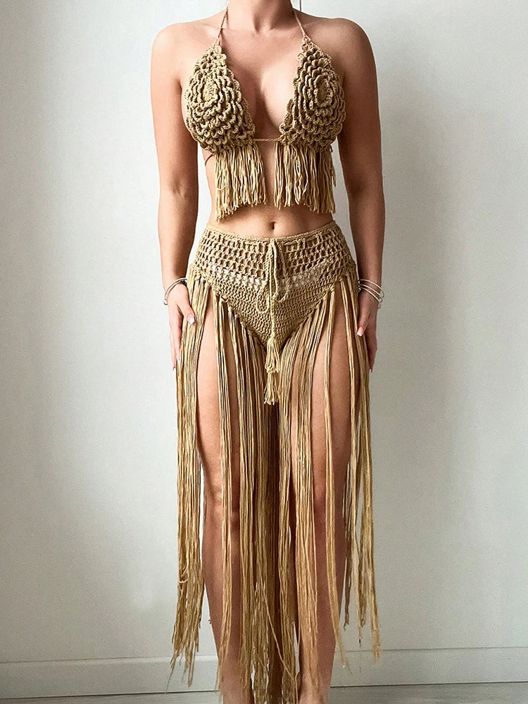 Vintage Traditional Embroidery High Waist Bikini Set And Cover Up