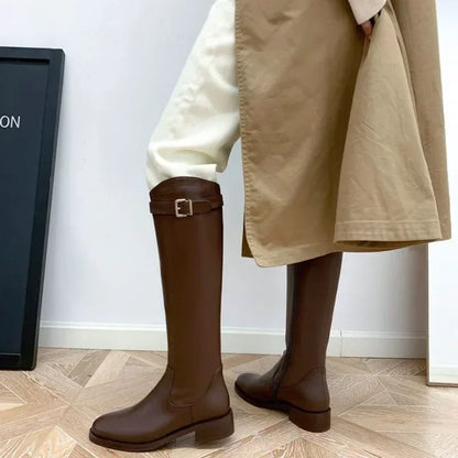 Winter Knee High Brown Boots Square Heel Zip Belt Buckle Gothic Style For Women