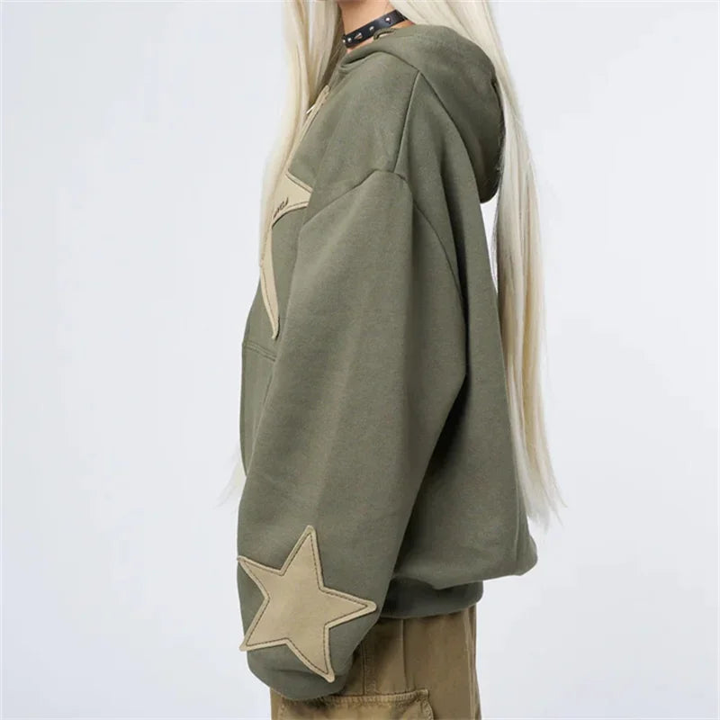 Y2k Star Patch Zip Up Hoodie Oversized Gothic Streetwear Sweatshirt For Women