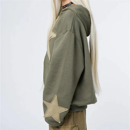Y2k Star Patch Zip Up Hoodie Oversized Gothic Streetwear Sweatshirt For Women