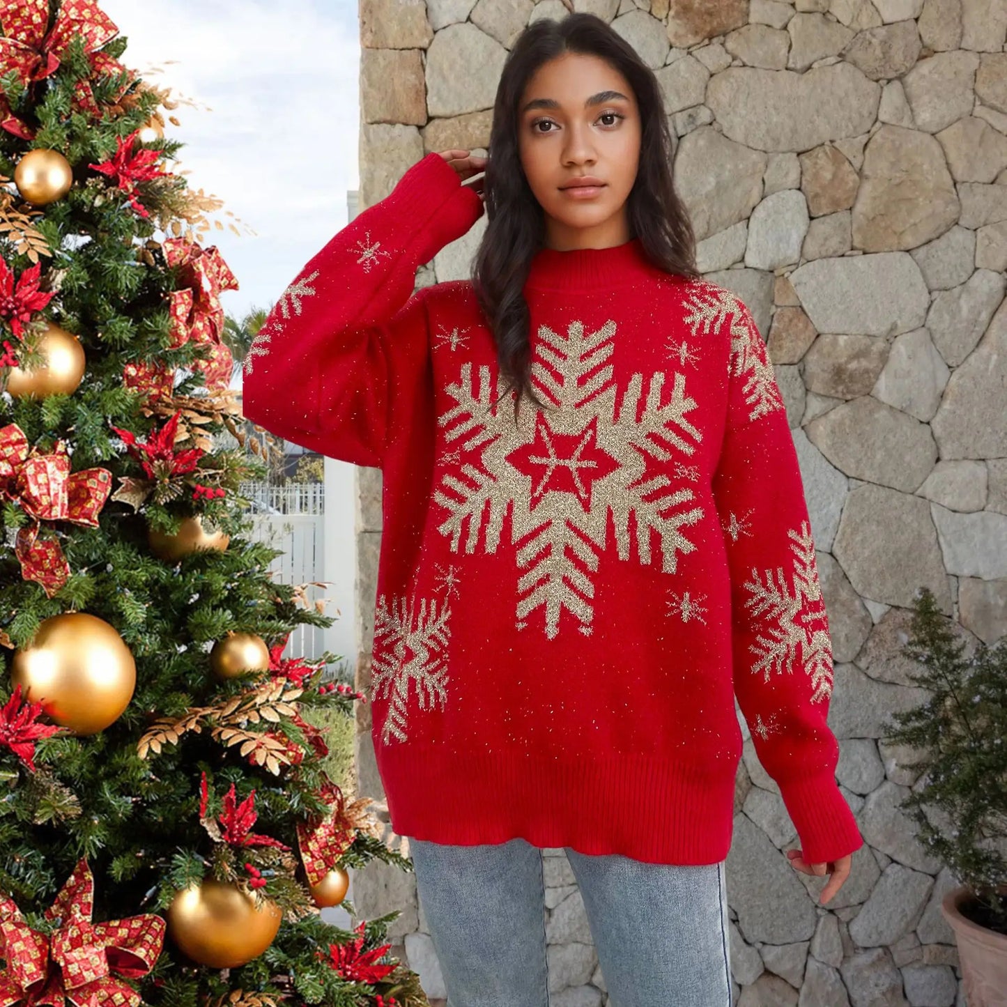 Christmas Knit Sweater Elegant Snowflake Deer Pattern