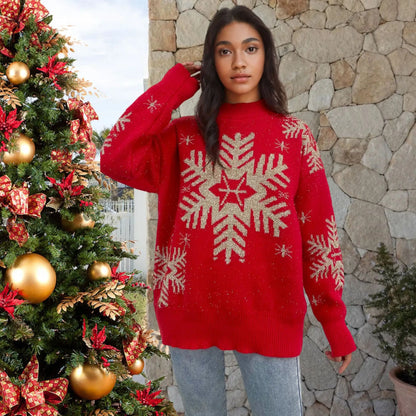 Christmas Knit Sweater Elegant Snowflake Deer Pattern