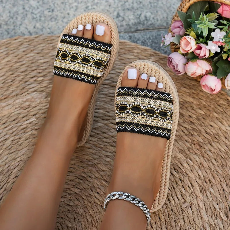 Resort Mood: Elegant Embroidered Straw Sole Slides