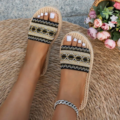 Resort Mood: Elegant Embroidered Straw Sole Slides