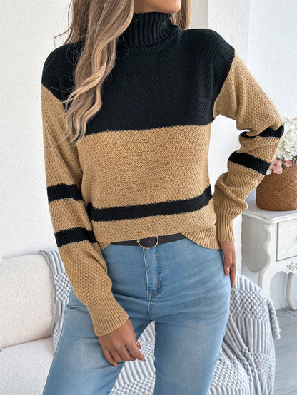 Women Contrast Stripes Turtleneck Sweater
