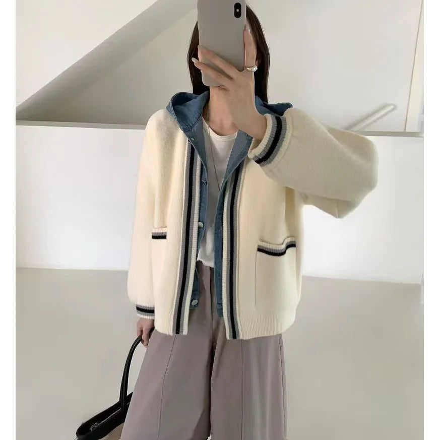 Cool Long Style Denim Pack Knitted Cardigan Sweaters