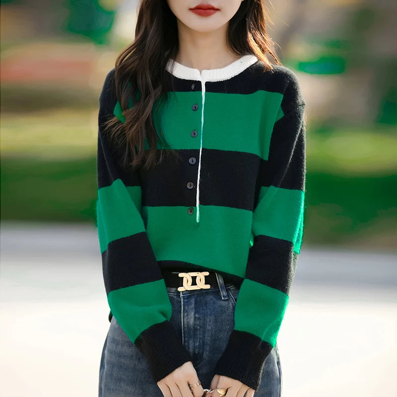 2024 Autumn Winter Womens Striped O Neck Sweater O Neck Long Sleeves Oversized Fit