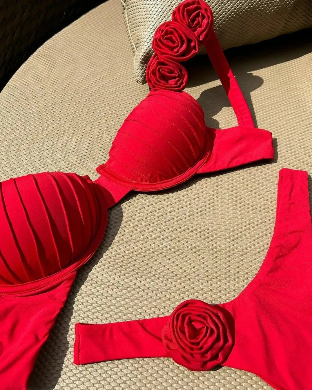 Rose Strap Design Sexy Red Push Up Bikini