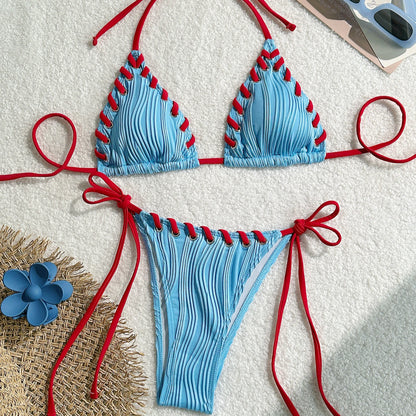 2025 Halter Wrinkled Weave Bikini Set For Women Brazilian Two Piece Swimsuit Beachwear